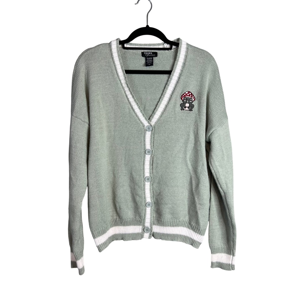 Thorn & Fable Cardigan Sz S Green Mushroom Frog Varsity Stripe Sweater